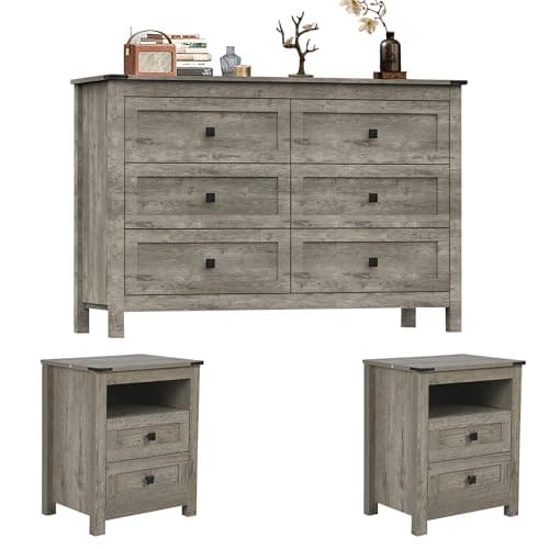 CATMIX Farmhouse Bedroom Furniture Set, Rustic Wood Double Dresser Chest of Drawers. 6-Drawer Chest of Drawers Wide Storage Organizer Cabinet for Bedroom, Living Room, 1pc Dresser+2pcs Nightstands