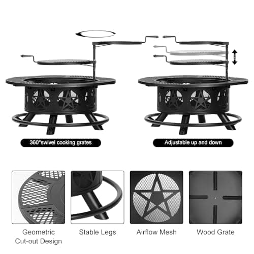 OutVue 36 Inch Fire Pit with 2 Grills, Wood Burning Fire Pits for Outside with Lid & Poker, BBQ& Outdoor Firepit & Round Metal Table 3 in 1 for Patio, Picnic, Party 6