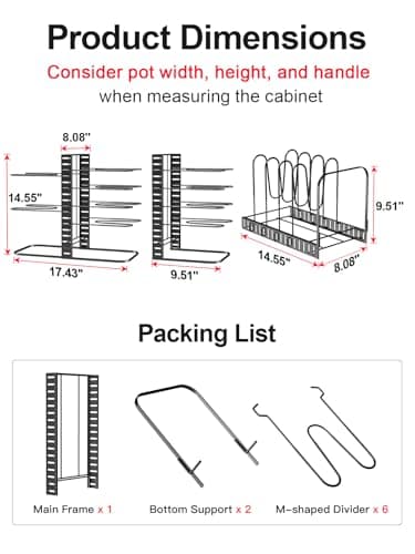 MUDEELA Pots and Pans Organizer Rack under Cabinet 14.55in Height, 8-Tiers Adjustable Pot Rack with 3 DIY Methods, Pot Lid Organizer inside Cabinet for Kitchen Pantry Organization and Storage 5