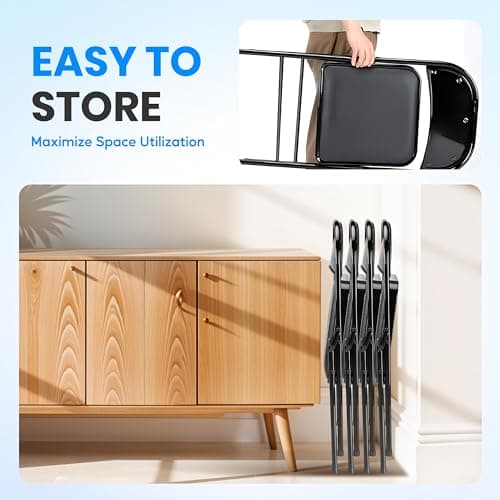 Simple Deluxe 4 Pack Folding Chairs with Leather Padded Cushion Seats & Durable Metal Frame, Comfortable, Foldable, Portable, Commercial Event Seat, Indoor Outdoor for Parties, Home, Office, Black 6