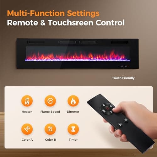 GREEN PARTY 72" Electric Fireplace Recessed/Wall Mounted Ultrathin 3.2" Fireplace Heater, Low Noise Linear Fireplace with Remote Control/Touch Screen, 8hrs Timer, Adjustable Flame & Bed Colors & Speed 9