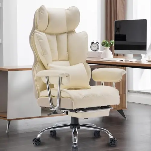 Efomao Desk Office Chair 400LBS, Big and Tall Office Chair, PU Leather Computer Chair, Executive Office Chair with Leg Rest and Lumbar Support, Beige Office Chair