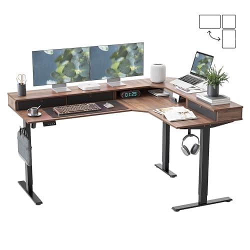 FEZIBO L Shaped Electric Standing Desk, 63x48 inch Large with Drawers | Reversible Tabletop, 2 Memory Height Settings | Home Office & Gaming Height-Adjustable Table, Black Walnut Top/Black Frame