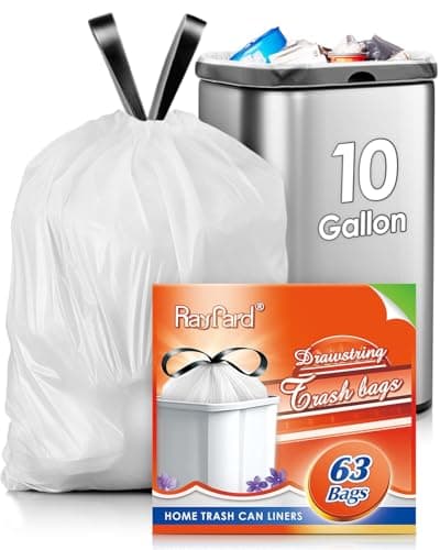 10 Gallon (fit 30-35 Liter) 63 Counts Drawstring Trash Bags By RayPard, Medium Large Kitchen Garbage Bags Trash Can Liners for Home, Office, Light Residential Waste Outdoor Lawn Bags, White