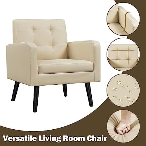 Yaheetech Mid-Century Accent Chairs, PU Leather Modern Upholstered Living Room Chair, Cozy Armchair Button Tufted Back and Wood Legs for Bedroom/Office/Cafe Beige 7