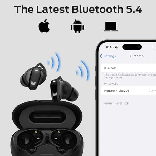 Monster N-Lite 206 Wireless Earbuds Bluetooth 5.4 in Ear Headphones, Bluetooth Ear Buds Built-in Microphone, Touch Control, Comfortable Fit, USB-C Fast Charging, IPX6 Waterproof, 25H Playtime, Black 7