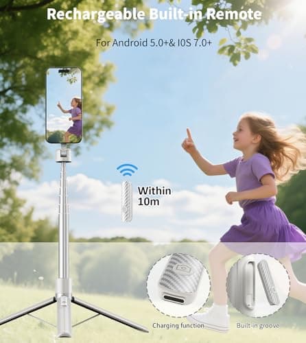 TONEOF 68" Magnetic Selfie Stick Tripod with Aluminum Strong Magnetic Holder for Magsafe, 360° Rotatable Travel Phone Tripod Stand with Metal Ring & Rechargeable Remote for iPhone/Android(Beige Gray) 6