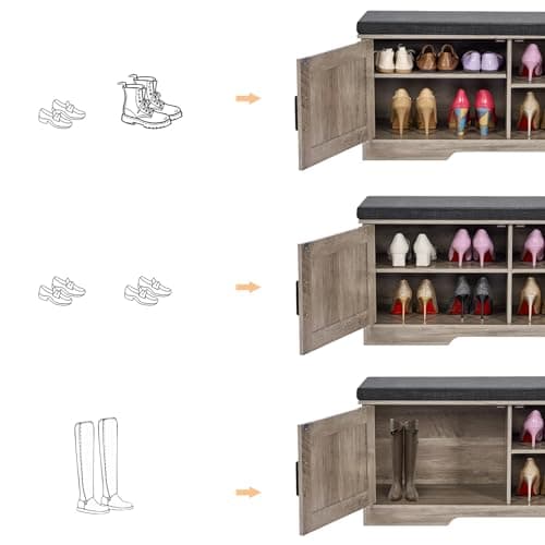 HOMSHO 2-Tier Storage Bench, 39.4" Wide Shoe Bench with Padded Seat Cushion, Entryway Bench with 2 Barn Doors and Adjustable Shelf, Greige 6