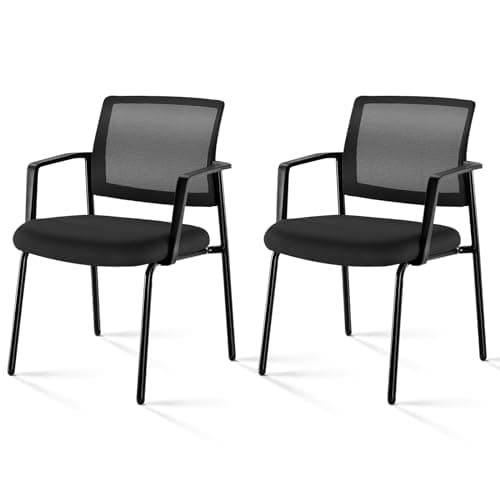 Sweetcrispy Mesh Back Stacking Arm Chairs, Upholstered Fabric Stacking Chairs, Sturdy Metal Office Chairs, Easy to Use and Store, Outdoor and Indoor, for Home, School, Party, Church, 2 Pack Black