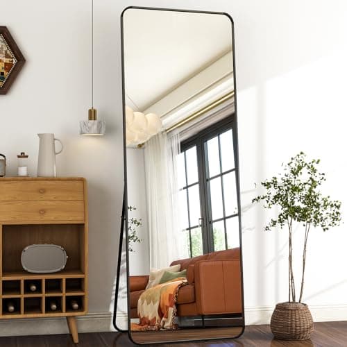 HARRITPURE 21" x64“ Rounded Full Length Mirror Aluminum Frame Black Mirror Full Length Floor Mirror with Stand for Living Room Bedroom Cloakroom
