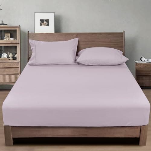 PHF 100% Garment Washed Cotton Fitted Sheet King Size - Cozy Cloud Soft Linen Like Bottom Sheet Only with Elastic Deep Pockets, Easy Fit Breathable Warm not Shrink,78"x 80",Lavender,No Pillowcase