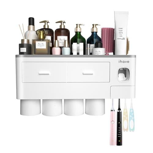 iHave Toothbrush Holders for Bathrooms, 4 Cups Toothbrush Holder Wall Mounted with Toothpaste Dispenser - Large Capacity Tray, 2 Cosmetic Drawer - Bathroom Organizer & Bathroom Accessories Set 9