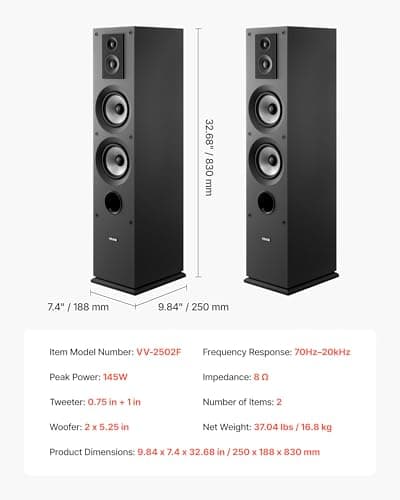 VEVOR Passive Floorstanding Speakers Pair, 3-Way, Floor-Standing Tower Speakers with 0.75 in & 1 in Tweeter, 5.25 in Woofers, 145W Peak, 70Hz–20kHz Frequency Response, MDF Enclosure, for Home Audio 7