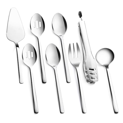 KINGSTONE Large Hostess Serving Utensils Set, 18/10 Stainless Steel Heavy Duty 10-inch Serving Utensils, Slotted Spoons, Forks, Tongs, Cake Pie Server for Buffet, Wedding, Party