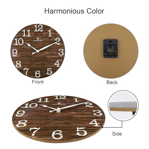 Lafocuse 12 Inch Silent Brown Wall Clocks for Kitchen Living Room Decor, Wooden Rustic Wall Clock Battery Operated, Decorative Farmhouse Clock 5