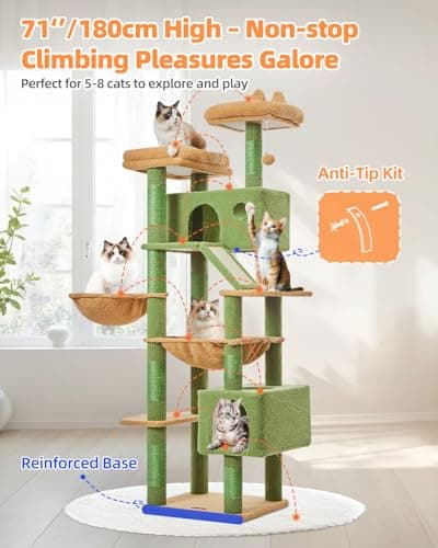 Taoqimiao Cactus Cat Tree, 71-Inch Cat Tower for Indoor Cats Large Adult, Multi-Level Large Cat Condo, 8 Sisal Scratching Posts, Metal Frame Cozy Hammock, Scratch Board, 2 Top Perches, MSC026L 8