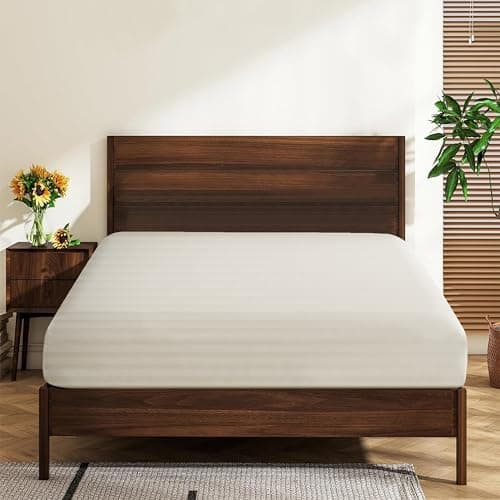 Twin Size 100% Egyptian Cotton Fitted Sheets 600 Thread Count 16" Deep Pocket, Ultra-Soft Hotel Luxury, Durable, Breathable and Comfy Bottom Sheet (1 Pack Twin Fitted Sheet, Striped Light Beige)