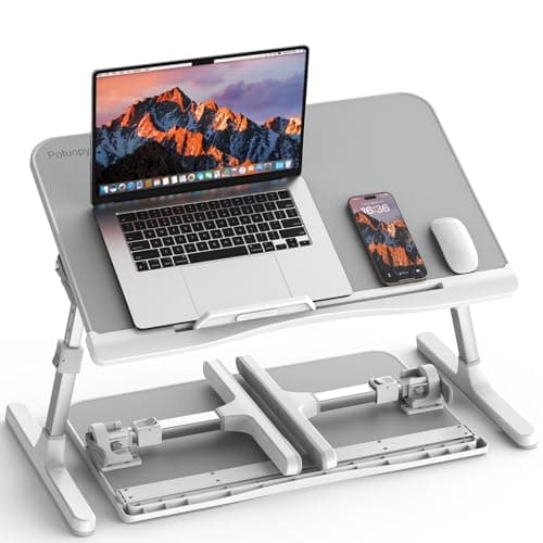 Adjustable Laptop Stand for Bed, Potuopy Leather Laptop Bed Table with Foldable Legs, Portable Bed Desk Tray on Couch Floor Bed for Writing Eating Drawing Working, Grey, Gray