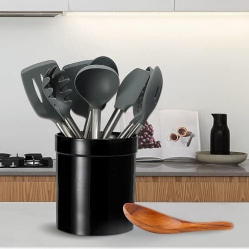 MEIGUI Ceramic Kitchen Utensil Holder, Utensil Crock Large Utensils Holder for Kitchen Decor, Cooking Tool Utensils Caddy for Countertop, Pure Black 6