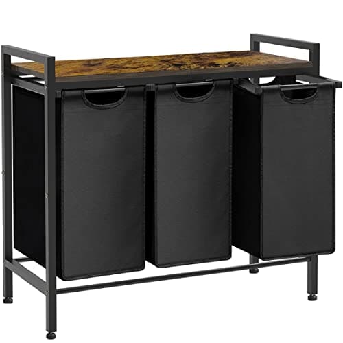 Whoonba Large Laundry Hamper Sorter with 3 Removable & Pull-Out Sorting Bags, Wooden Top Shelf, Versatile Laundry Basket Organizer for Laundry Room, Bathroom, Dorm, 8 * 3 Gal, Black