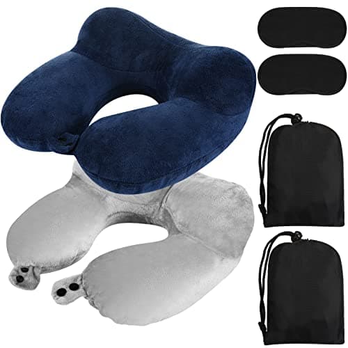 Sintuff 2 Pack Inflatable Travel Pillow for Airplanes Inflatable Neck Flight Pillows with Compact Bag and Blindfold for Traveling, Airplane, Train, Car, Office (Light Gray and Dark Blue)