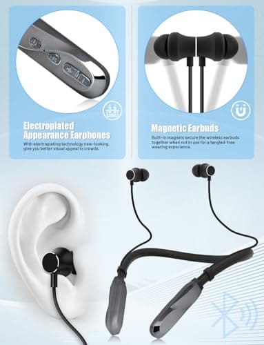 TERUBIN Neckband Bluetooth Headphones, 120H Long Playtime Wireless Stereo Neckband Earbuds with Microphone, Waterproof Around The Neck Headphones in Ear Headset for Sports/Workout/Office (Silver) 5