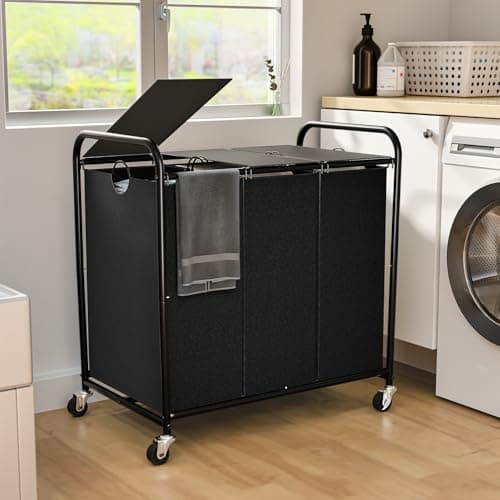 160L (42 Gal) Laundry Sorter 3 Section, Rolling Laundry Basket with Lockable Wheels and Lid, Laundry Hamper with 3 Separated Removable Bags Dirty Clothes Hamper for Laundry Room Organizer, Black