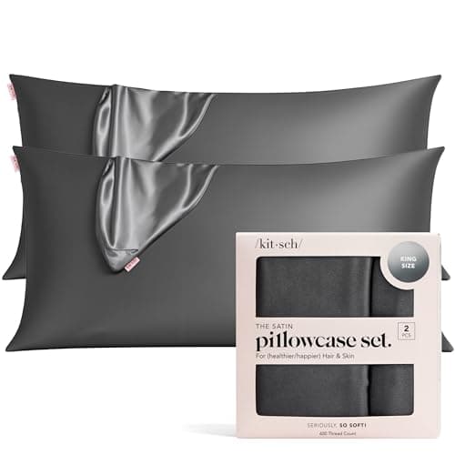 Kitsch Satin Pillowcase, Softer Than Silk Pillow Cases, Cooling Pillow Covers, King Size Pillow Cases Set of 2, Satin Pillowcase with Zipper for Hair, Skin & Quality Sleep, 19"x36" Charcoal, 2pcs