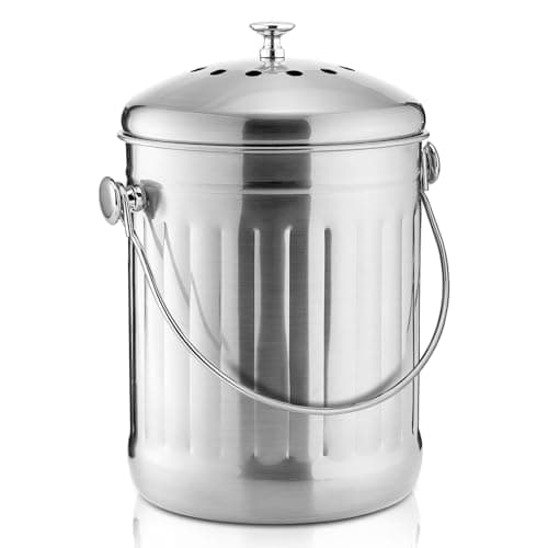 ENLOY Compost Bin for Kitchen Countertop, 1.3 Gallon Stainless Steel Indoor Compost Bucket for Kitchen Countertop Odorless Compost Pail for Kitchen Food Waste with Carrying Handle Easy to Clean