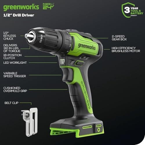 Greenworks 24V Brushless Cordless Drill Kit, 310 in./lbs, 18+1 Position Clutch, 1/2 '' Keyless Chuck, Variable Speed, Battery With 2A Charger, LED Light 7