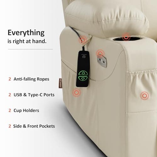 MCombo Power Lift Recliner Chair for Elderly, Lift Chair with Heat and Massage, FSC Certified, USB Ports, Cup Holders, Faux Leather 7040 (Cream White, Medium) 9