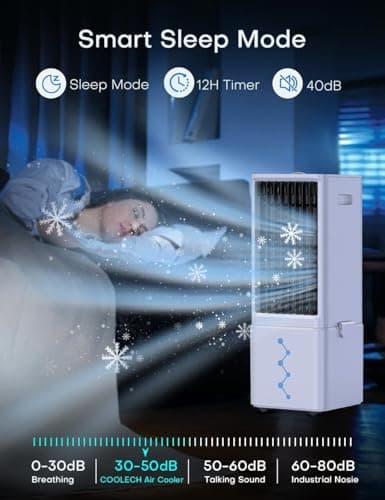 COOLECH Portable Air Conditioners w/Remote, 4 Modes & 3 Speeds, Waterless Alert System & 2.4-Gal Tank for 20H Cooling, 12H Timer for Auto Off, 3-IN-1 Evaporative Air Cooler for Room Bedroom Office 8