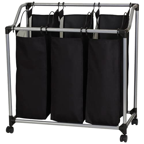 Household Essentials Triple Laundry Sorter with Wheels, Tapered Metal Frame, Removable Polyester Bags, Ventilated, Smooth Rolling Casters, Great for Sorting Laundry Large