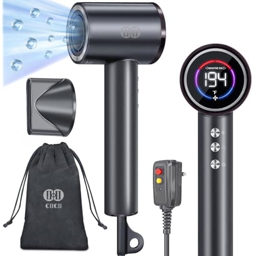 CIICII Negative Ionic Hair Dryer Professional, 120000RPM High Speed Blow Dryer (1600W Brushless/ 3-Speed/ 4-Temp & HD Display & Portable Bag) Fast Drying Hairdryer for Home, Travel & Salon (Black)