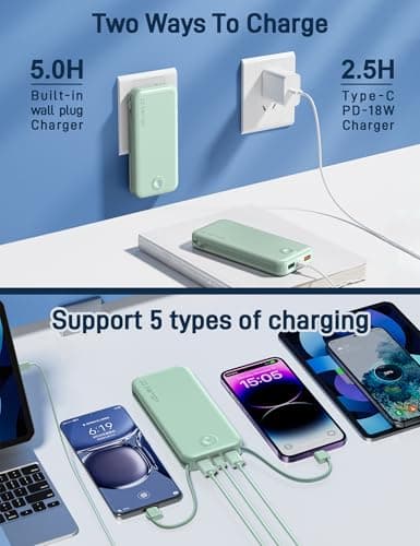 Nusyddy Portable Charger, 12000mAh 22.5W Fast Charging Power Bank with Built-in Cables & Wall Plug, Travel Essentials External Battery Pack, USB C Battery Phone Charger for iPhone, iPad, Samsung Green 6