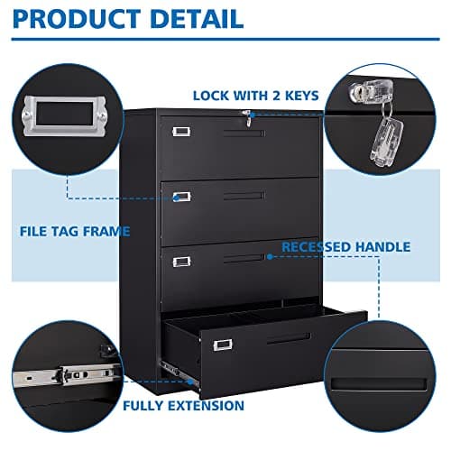 BYNSOE 4 Drawer Filing Cabinet with Lock Metal Lateral File Cabinet Office Home Steel Lateral File Cabinet for A4 Legal/Letter Size Wide Metal Cabinet Locked,Assembly Required (4 Drawer, Black) 7