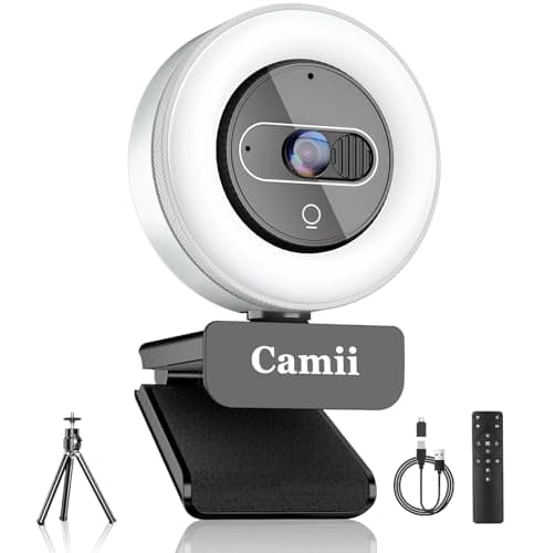 Camii 4K Webcam with Light, HD Webcam for PC with Remote Control, Built-in Privacy Cover, Adjustable Brightness, Noise Reduction Mics, for Zoom Skype Teams Laptop and Google Meet