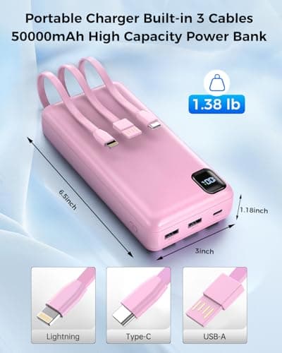 Nacete Portable Charger Power Bank 50000mAh Built-in Cables, PD 20W Fast Charging Large Capacity Battery Pack, 5 Output 2 Input LED Display Powerbank Compatible with Phone (Pink) 5