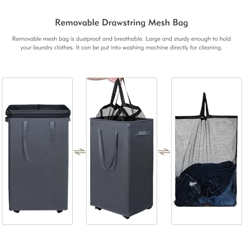 DOKEHOM 90L X-Large Laundry Basket with Removable Wash Bag on Wheels, Collapsible Rolling Laundry Hamper, Foldable Clothes Organizer, Folding Washing Bin (Grey) 8