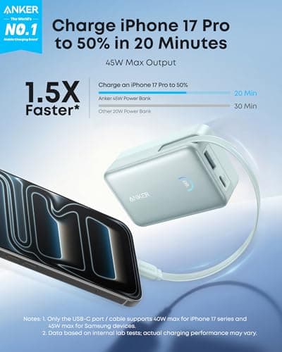Anker Nano Portable Charger, 45W 10000mAh with 2.3 ft Retractable Cable, Compact Power Bank, Travel Essential Phone Battery Pack for iPhone 17/16 Series, iPad, Galaxy, Pixel, and More 2
