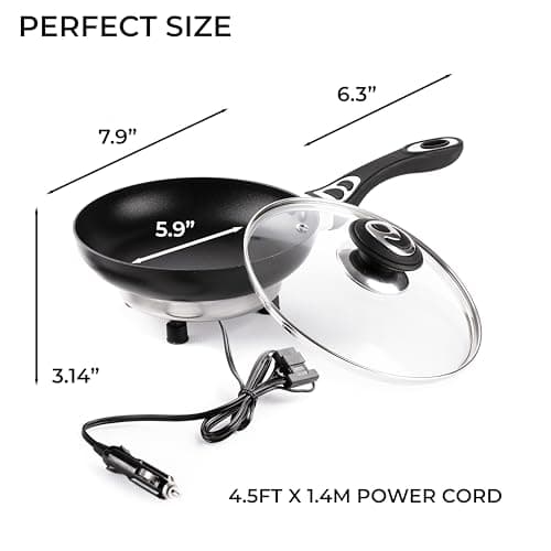 ZONETECH 12V Frying Pan with Glass Lid Portable Non-Stick 7.5-inch Stay-Cool Handles, Rapid Heat Up, Perfect For Camping, Picnic and more 5