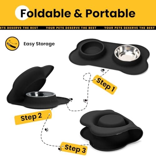 Conlun Dog Bowls with Silicone Feeding Mat, No Spill Food Water Dish Set, Dishwasher Safe, 2 Stainless Steel Puppy Bowls, Suitable for Tiny Dogs Kittens Cats Rabbits Pets under 8lbs, Extra Small,Black 7