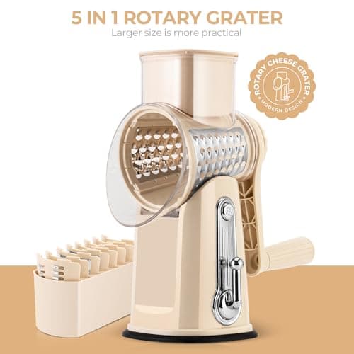 SUSTEAS Rotary Cheese Grater with Handle - Vegetable Shredder with 5 Well-designed Blades & Strong Suction Base,Round Mandoline Slicer & Food Chopper for Kitchen,with Blade Storage Box(Beige) 8