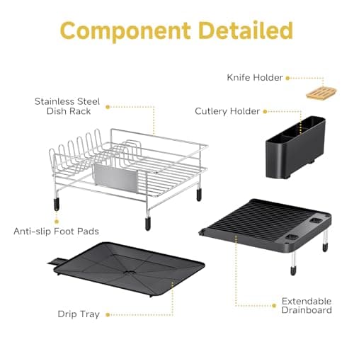 Urackify Large Dish Drying Rack - 304 Stainless Steel Dish Rack for Kitchen Counter, Extendable Dish Drainers with Cutlery & Cup Holders, Black 7