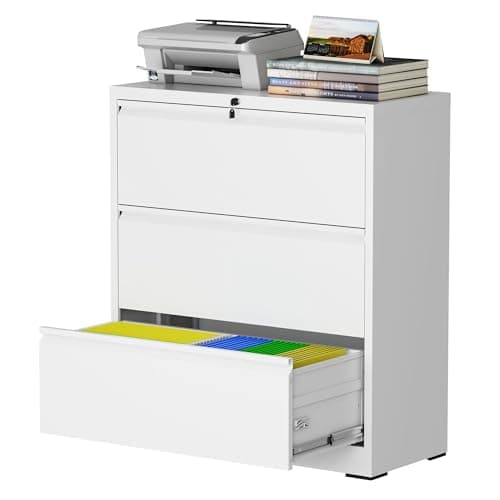 mysteeldepot 3 Drawer Lateral File Cabinet with Lock, Metal File Cabinet, Lateral File Cabinets for Home Office, Heavy Duty File Storage Cabinet for Legal/Letter/A4 Document, Assembly Required, White