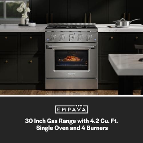 Empava Gas Range,Convection Oven 4.2 Cu. Ft with 4 Deep Recessed Burners Cooktop, Heavy Duty Continuous Grates in Stainless Steel for Kitchen, Restaurant.Freestanding & Slide-In,30 Inch 5