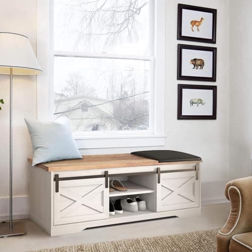 SAINTCY Modern White Entryway Bench with Hidden Shoe Storage Compartment, Farmhouse Bench with Cushion 6