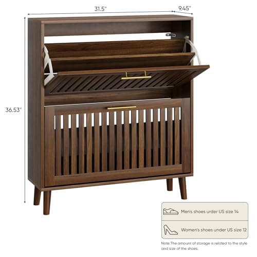 Smart FENDEE 31.5" W Shoe Cabinet Storage for Entryway with 2 Flip Drawers, Shoe Cabinet with Slatted Panel, Hidden Shoe Rack Freestanding Slim Shoes Organizer for Hallway, Entrance, Walnut 2