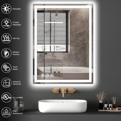 LED Bathroom Mirror 24"x 32" with Stepless Dimmable Wall Mirrors with Anti-Fog, Dimmable CRI>90, Vanity Mirror with 3 Color Modes, Shatter-Proof, Memory Bathroom Mirror with LED Lights 5
