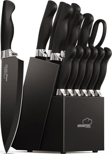 Amorston Knife Set, 15 Pieces Kitchen Knives Set with Block and Built in Sharpener, Dishwasher Safe Knife Block Set, German Stainless Steel Knife Block Set for Home Kitchen Gifts, Black